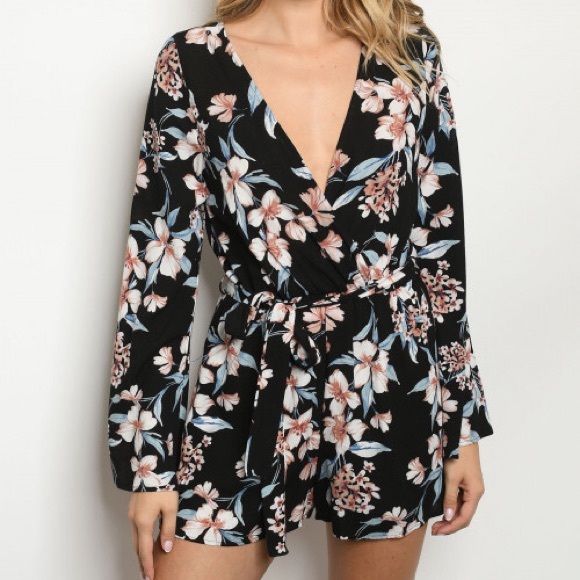 Pants - Black Floral Tie Belt Romper